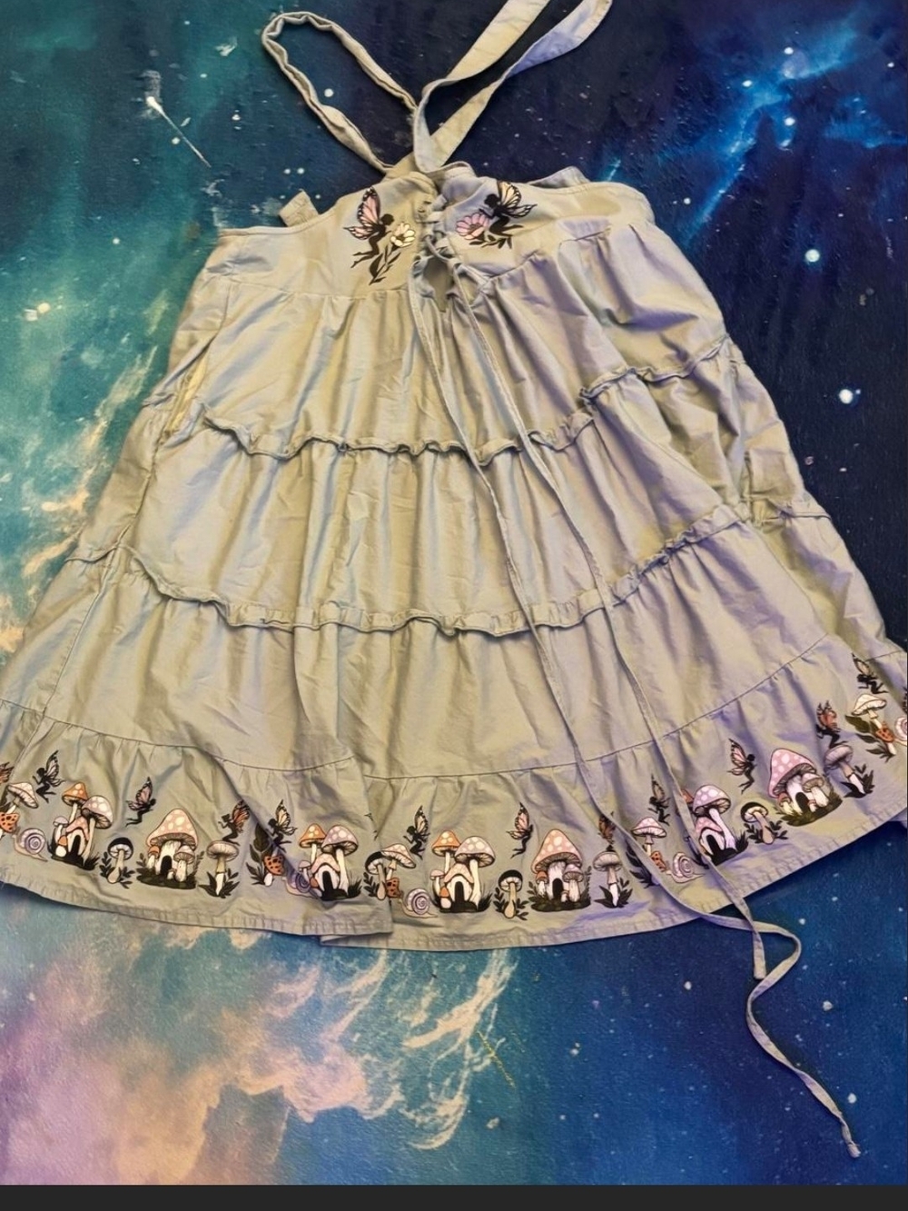 Light Green Tiered Mini Dress with Mushroom Embroidery
